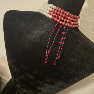 Multi-Strand Pearl Choker with Red Bead Tassels